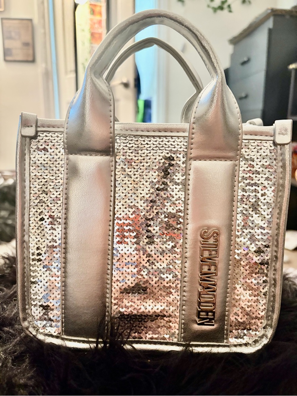 Steve Madden Silver Sequin Mini Tote Bag Sparkly
